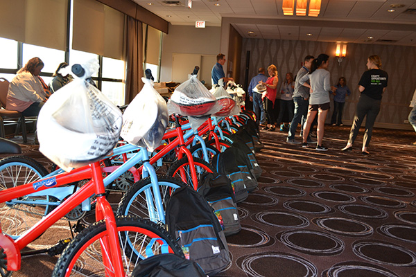 bikes in a conference room at the build-a-bike social